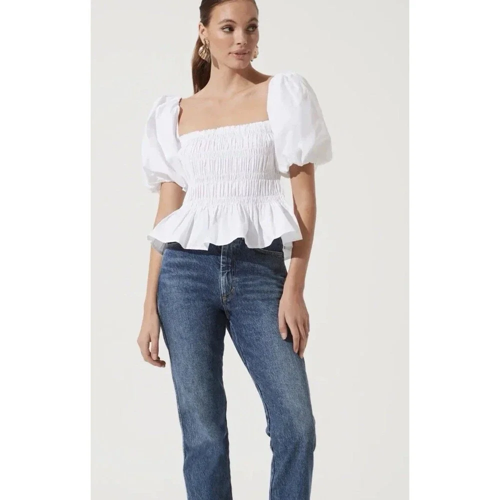 Revolve Asrt The Label Savina White Puff Sleeve Blouse Shirt Sz L Going Out Top